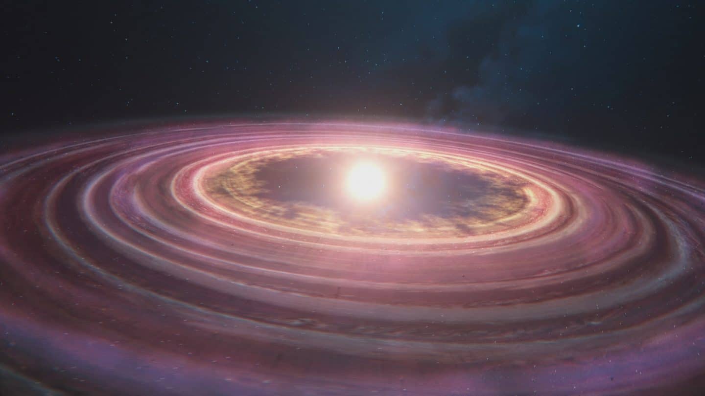 Vor 4,5 Milliarden Jahren entsteht unsere Sonne inmitten einer riesigen rotierenden Gas- und Staubwolke. In dieser protoplanetaren Scheibe bilden sich alle Planeten unseres Sonnensystems.
