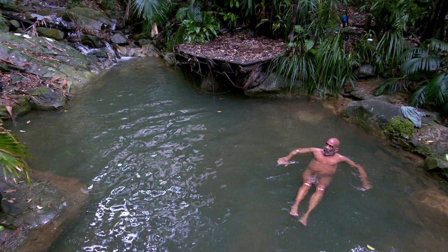 Pierre Sanoussi-Bliss schwimmt unbekleidet in einem Dschungelcamp-Weiher, umgeben von tropischer Natur.







