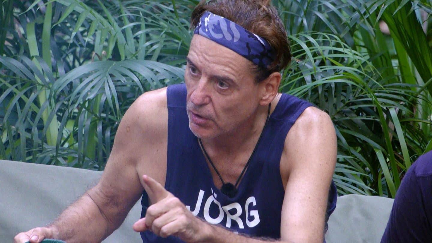 Jörg Dahlmann sitzt im Dschungelcamp auf einer Bank, umgeben von grünen Pflanzen. Er trägt ein dunkelblaues Shirt mit seinem Namen darauf und ein passendes Stirnband. Mit erhobenem Zeigefinger diskutiert er leidenschaftlich über das Gendern in der Sprache und äußert seine Meinung dazu: „Ich hasse gendern! Mir kommt das nicht über die Lippen.“
