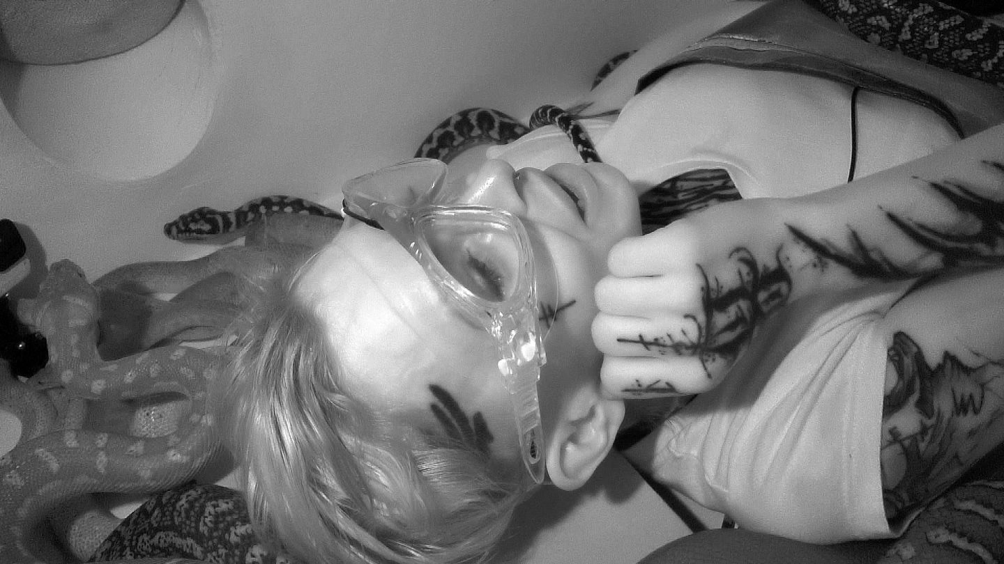 Edith Stehfest liegt in der Dschungelprüfung „Murwillumbah Sun“ in einer engen Kammer, umgeben von mehreren Schlangen. Mit Schutzbrille auf den Augen und einem angespannten Gesichtsausdruck versucht sie, die Herausforderung zu meistern. Eine große Schlange schlängelt sich über ihren Körper, während weitere Reptilien um sie herumkriechen. Die Schwarz-Weiß-Aufnahme verstärkt die beklemmende Atmosphäre der Prüfung.