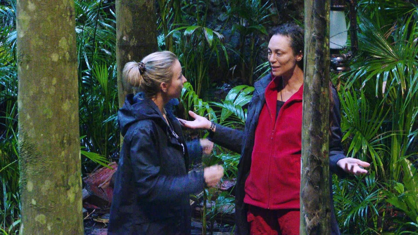 Anna-Carina Woitschack (links) und Lilly Becker stehen im Dschungelcamp und führen eine aufgewühlte Diskussion. Anna-Carina wirkt emotional und gestikuliert mit den Händen, während Lilly mit ausgebreiteten Armen zu beruhigen scheint. Beide tragen dunkle Regenjacken, Lilly kombiniert sie mit einer roten Fleeceweste. Die dichte grüne Vegetation und Baumstämme im Hintergrund verstärken die dramatische Atmosphäre der hitzigen Situation.






