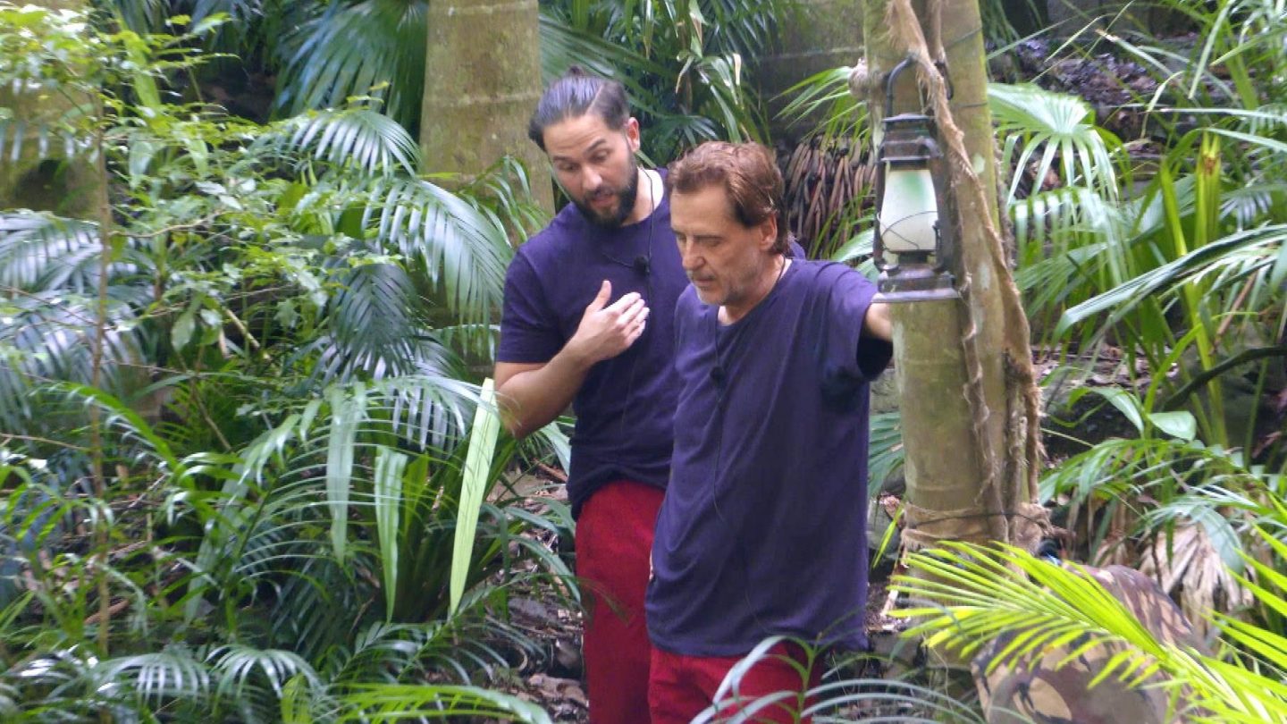 Jörg Dahlmann (rechts) lehnt mit einem Arm an einem Baumstamm und hält eine Laterne, während Maurice Dziwak (links) neben ihm steht und mit einer Hand auf seine Brust zeigt. Beide tragen dunkelblaue T-Shirts und rote Hosen. Sie führen ein ernstes Gespräch im Dschungelcamp, umgeben von dichtem grünen Pflanzenbewuchs. Thema des Gesprächs sind Jörgs umstrittene Trump-Aussagen.







