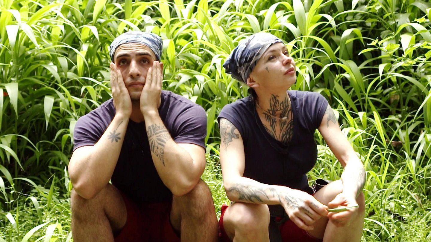 Edith Stehfest und Timur Ülker sitzen niedergeschlagen im Dschungelcamp, nachdem sie in der Prüfung „Murwillumbah Sun“ keinen einzigen Stern holen konnten. Timur stützt verzweifelt sein Gesicht in die Hände, während Edith nachdenklich zur Seite blickt. Beide tragen dunkle Shirts und Bandanas. Die üppige grüne Vegetation im Hintergrund bildet einen Kontrast zu ihrer frustrierten Stimmung – das Camp muss erneut ohne Essen auskommen.






