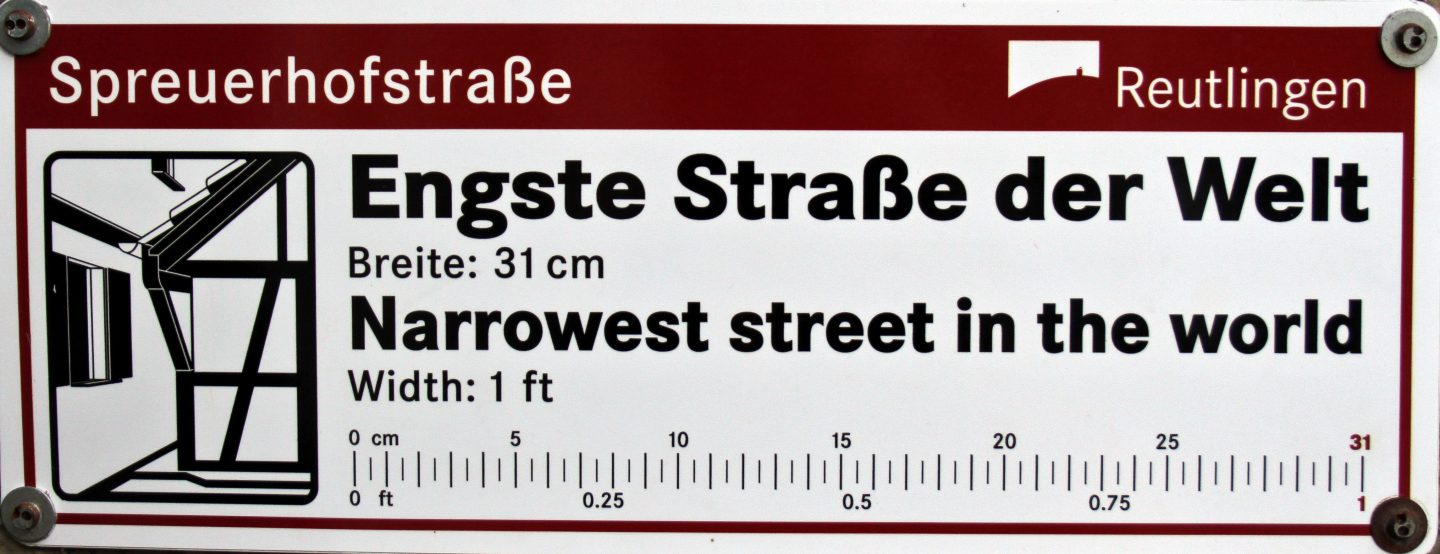 Ein Schild in Reutlingen mit der Aufschrift „Spreuerhofstraße – Engste Straße der Welt“. Es gibt an, dass die Gasse nur 31 cm breit ist (entspricht etwa 1 Fuß). Das Schild enthält zudem eine Illustration eines engen Fachwerkhaus-Durchgangs sowie eine Maßskala zur Verdeutlichung der Breite.