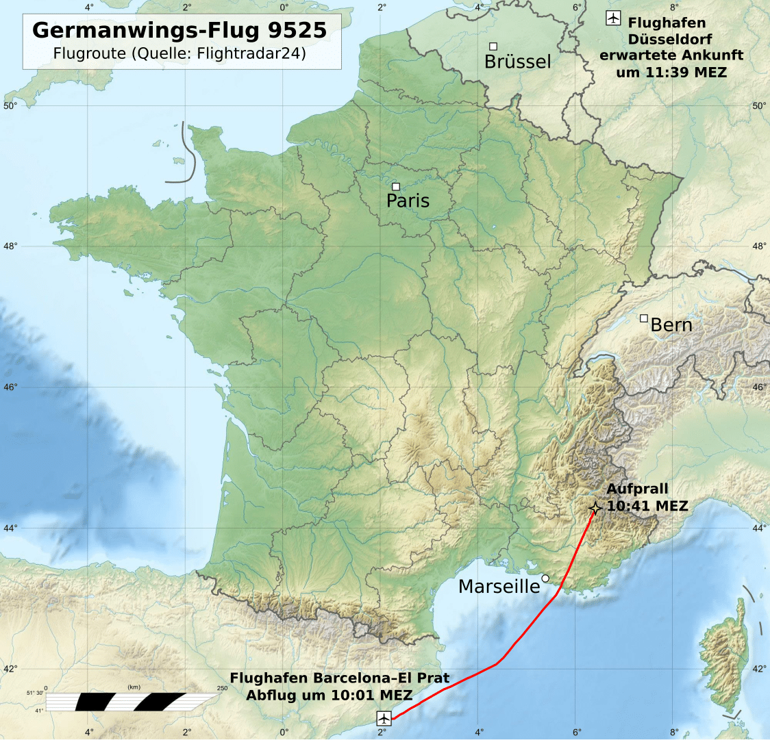 Verlauf von Flug 9525 bis zum Aufprall
