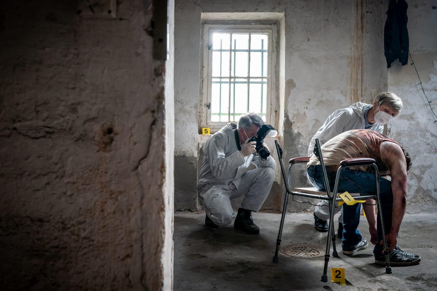 "SOKO Leipzig - Sunny": In einem Kellerraum: Prof. Rossi (Anna Stieblich) beugt sich zur Leiche eines Mannes (Komparse) auf einem Stuhl. Ein Spusi-Kollege (Komparse) macht Fotos vom Tatort.