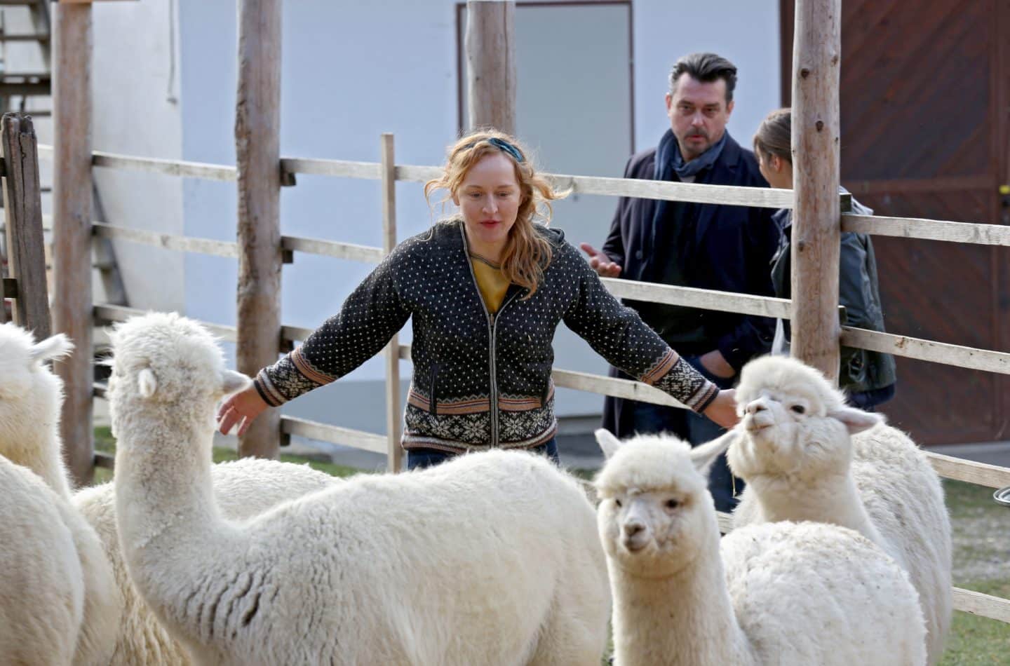Chefermittler Sascha Bergmann (Hary Prinz) verdächtigt die Alpakazüchterin Lotte (Brigitte Hobmeier).